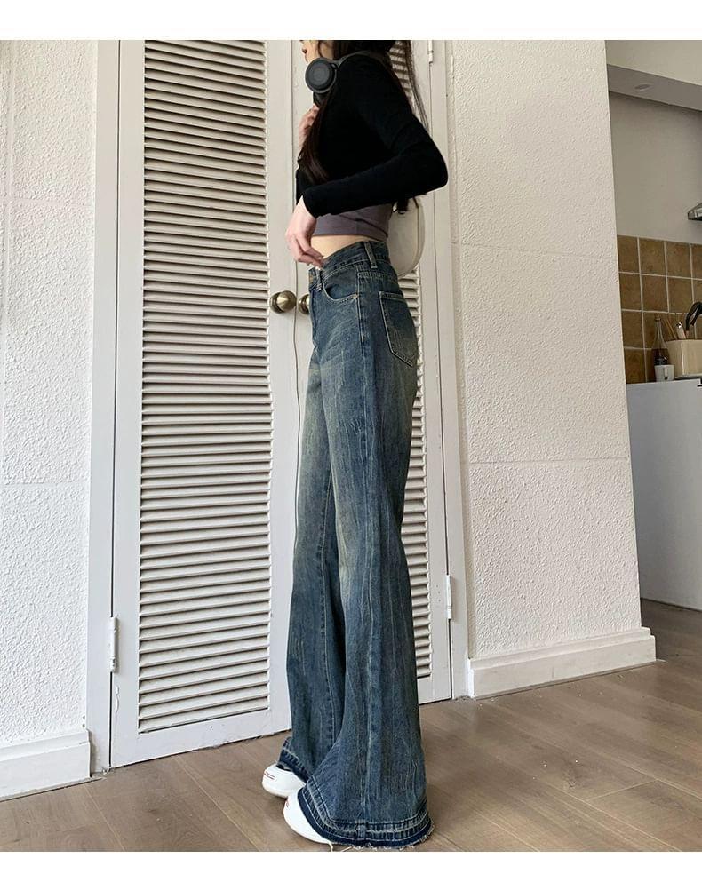 High Waist Washed Straight-Fit Boot-Cut Jeans Product Image