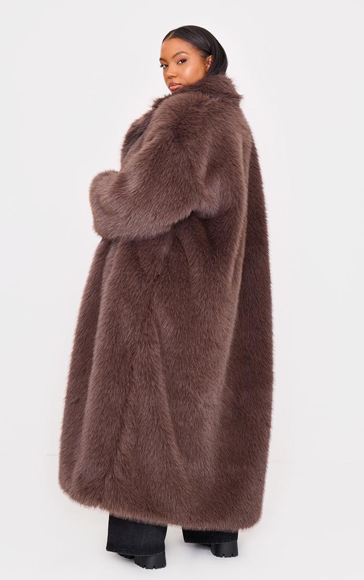 Plus Dark Brown Collar Detail Soft Faux Fur Maxi Coat Product Image