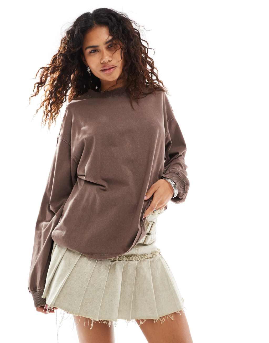 Monki long sleeve heavyweight oversized top in washed brown Product Image