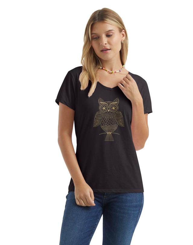 Hanes Womens V-Neck Graphic T-Shirt, Glitter Owl Whoot Whoo/Black XL Product Image