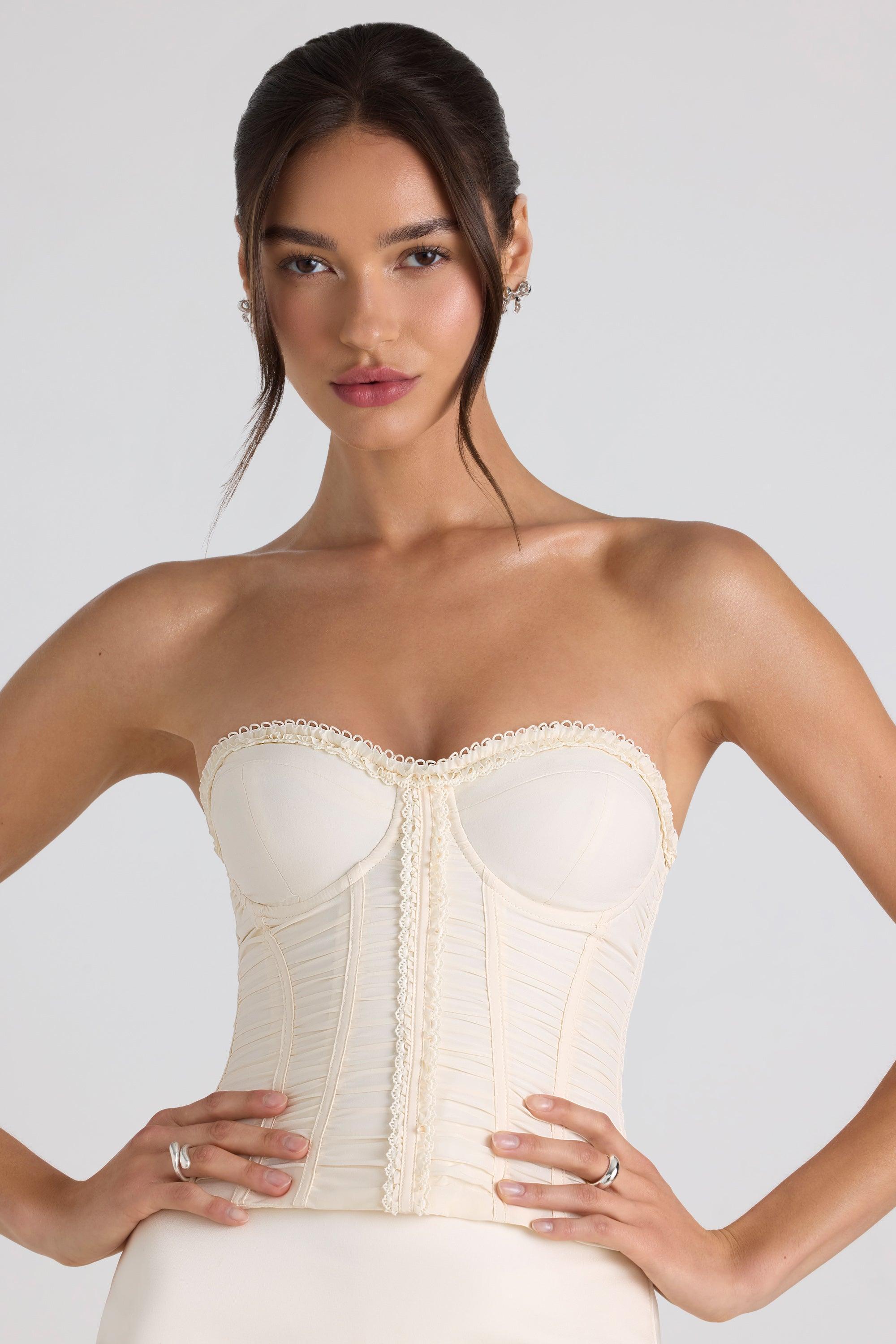 Ruched Lace-Up Strapless Corset Top in Ivory Product Image