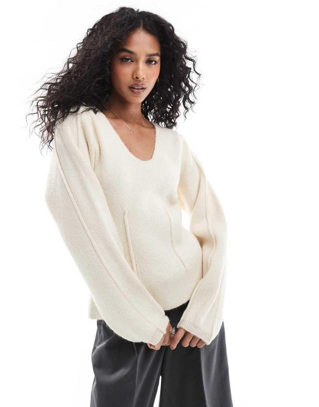 ASOS DESIGN sculpted v neck sweater with seam detail in cream  Product Image