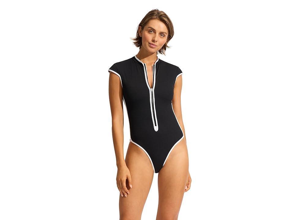 Seafolly Cap Sleeve Zip Front One-Piece Swimsuit (Beach Bound ) Women's Swimsuits One Piece Product Image