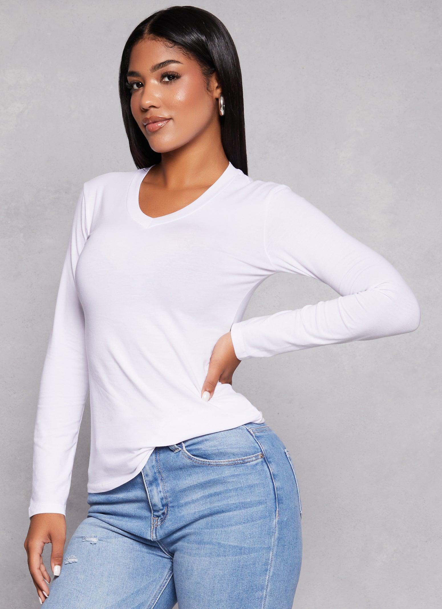 Womens Basic V Neck Long Sleeve T Shirt Product Image