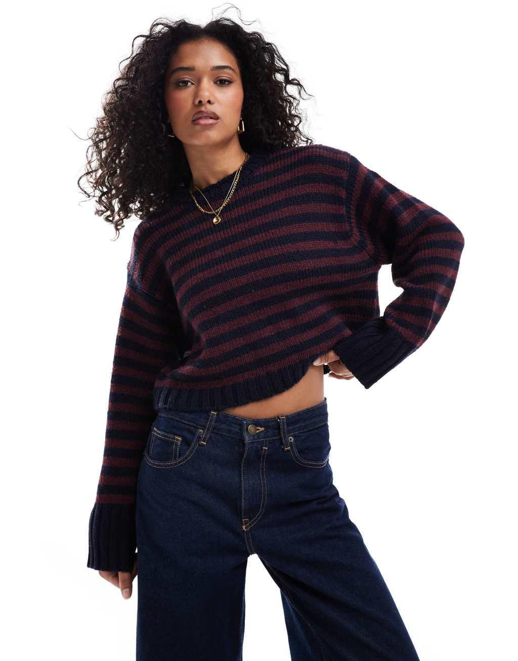 ASOS DESIGN crew neck sweater with chunky trims in navy stripe Product Image