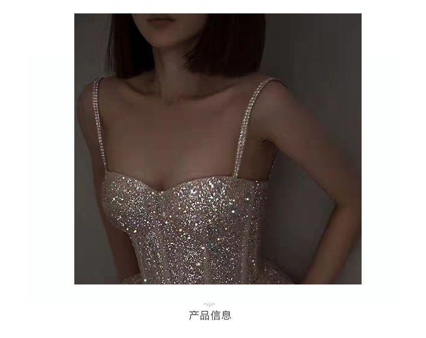 Spaghetti Strap Rhinestone Sequined A-Line Evening Gown Product Image