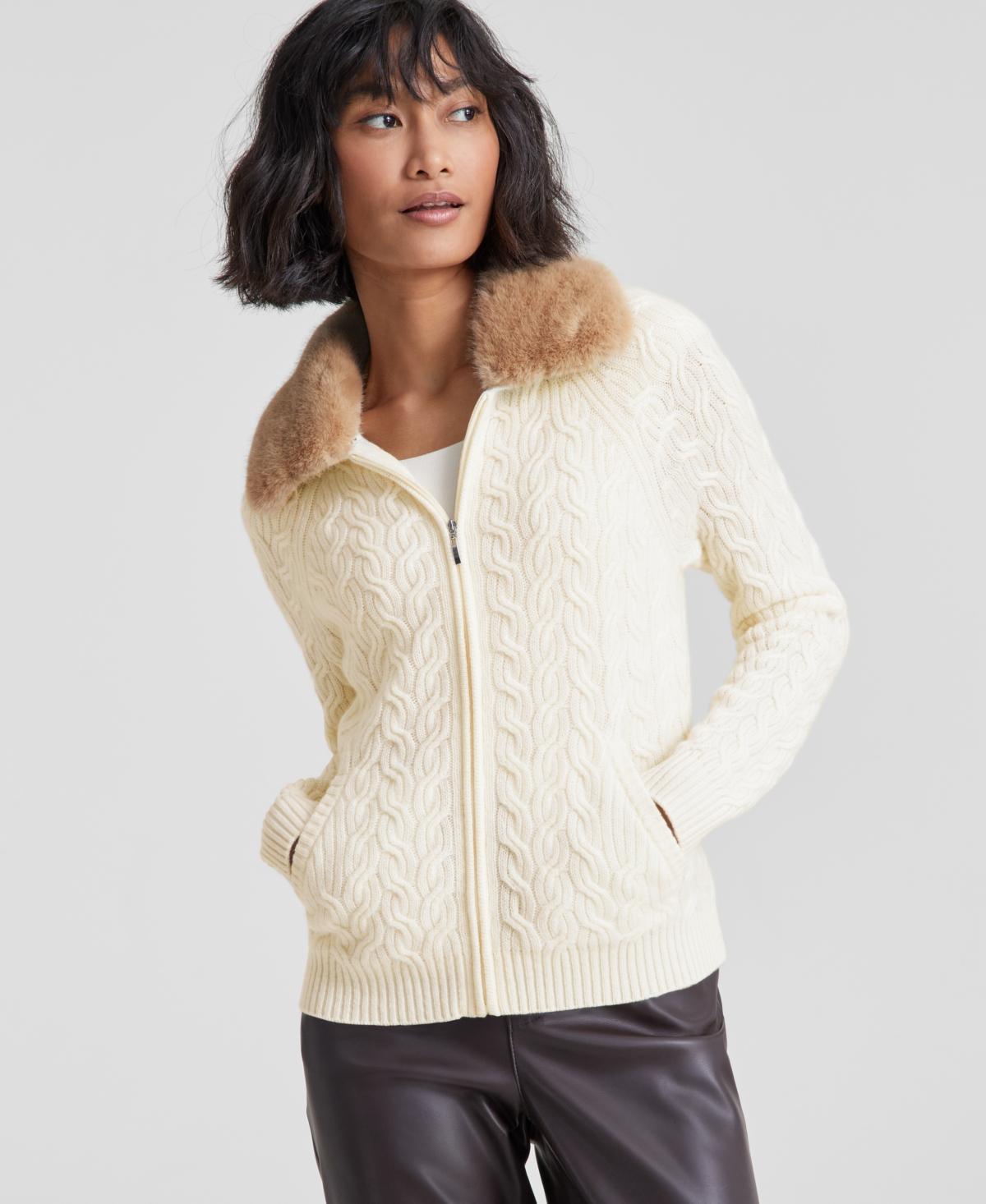 Charter Club Womens Cashmere Faux-Fur-Collar Cable-Knit Jacket, Created for Macys Product Image