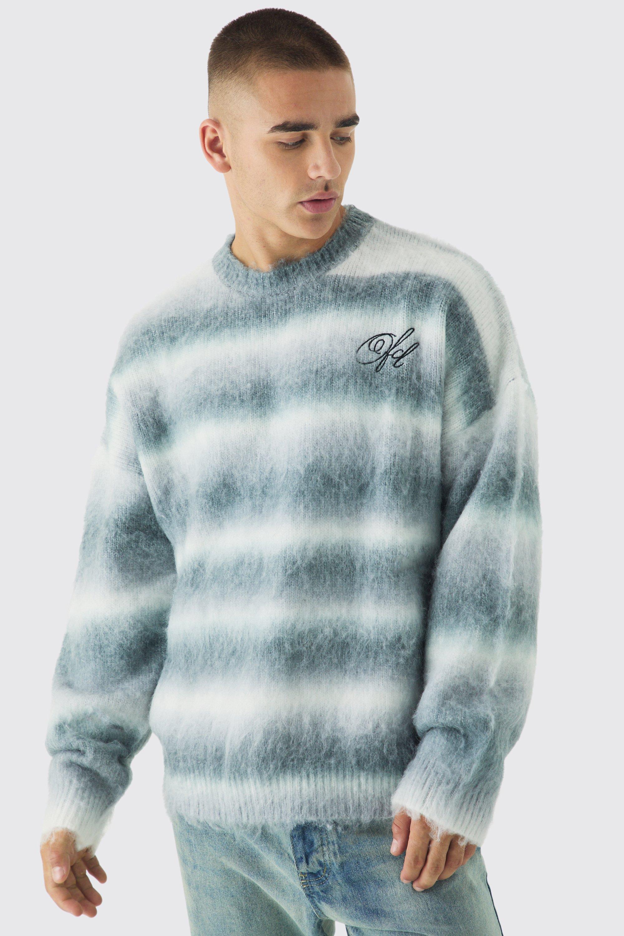 Oversized Boxy OFCL Brushed Ombre Stripe Knitted Embroidered Sweater | boohooMAN USA Product Image