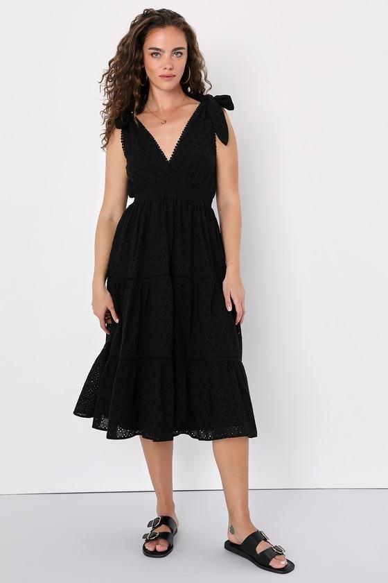 Madrid Magic Black Eyelet Tie-Strap Midi Dress With Pockets Product Image