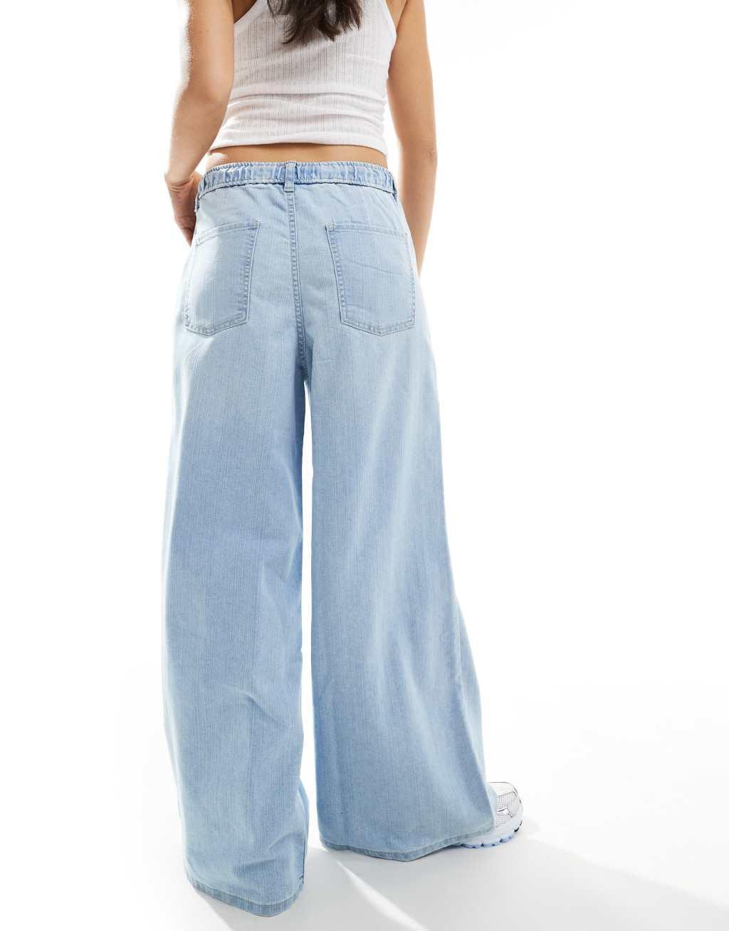 Bershka denim look pull-on jeans in light wash blue Product Image