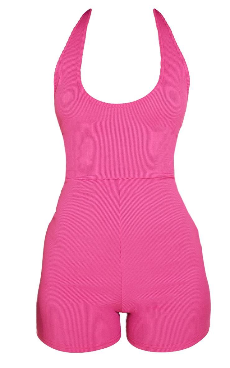 Hot Pink Rib Halterneck Tie Back Romper Product Image