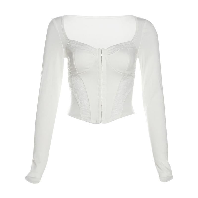 Long-Sleeve Plain Lace Trim Cropped Bustier Top product image