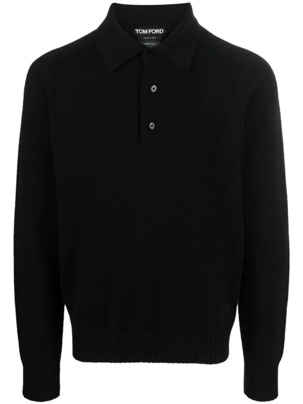 Knitted Long-sleeve Polo Shirt In Black Product Image