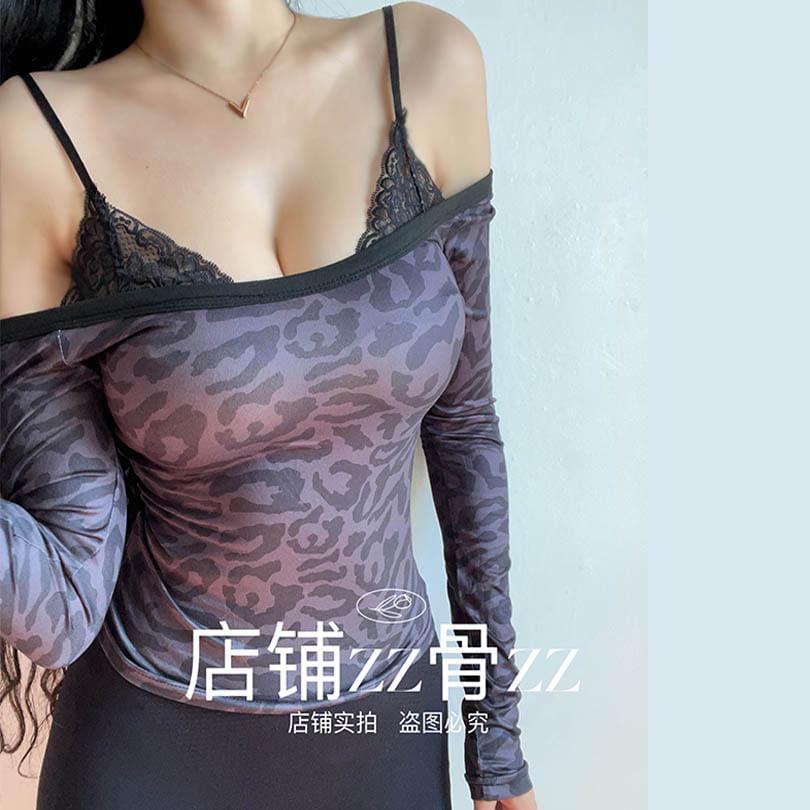 Long-Sleeve Cold-Shoulder Leopard Print Lace Panel Slim Fit T-Shirt Product Image