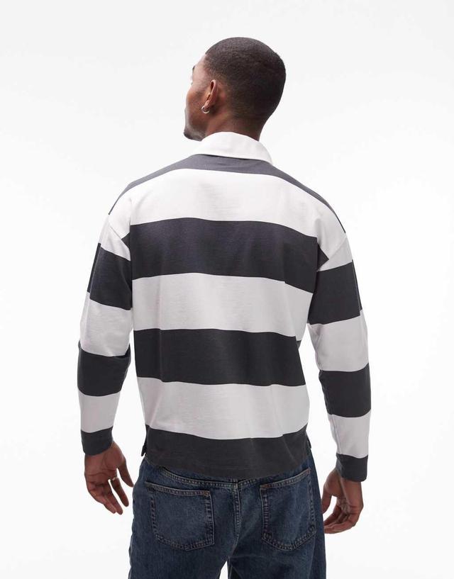 Topman oversized fit stripe polo with woven collar in charcoal Product Image