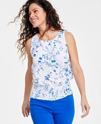 Women's Smocked Floral-Print Sleeveless Top, Created for Macy's Product Image