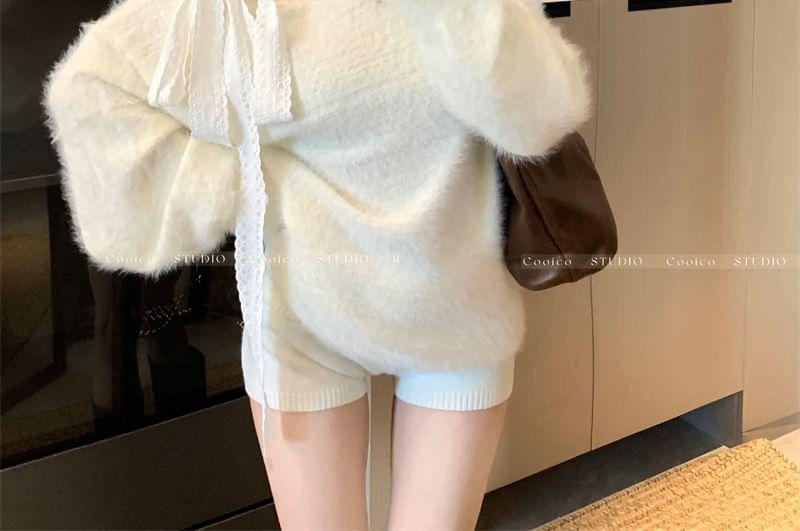 Asymmetrical Neck Cold-Shoulder Bow Fluffy Sweater Product Image