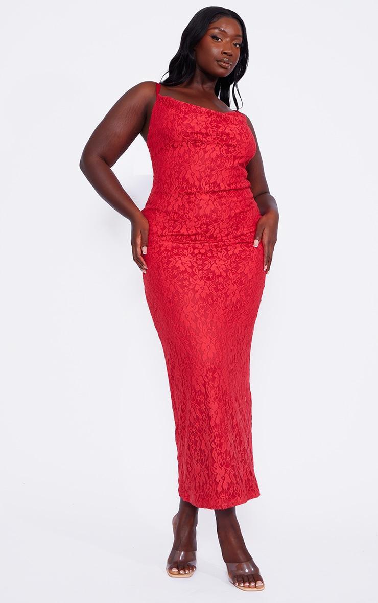 Plus Red Lace Cowl Neck Maxi Dress Product Image