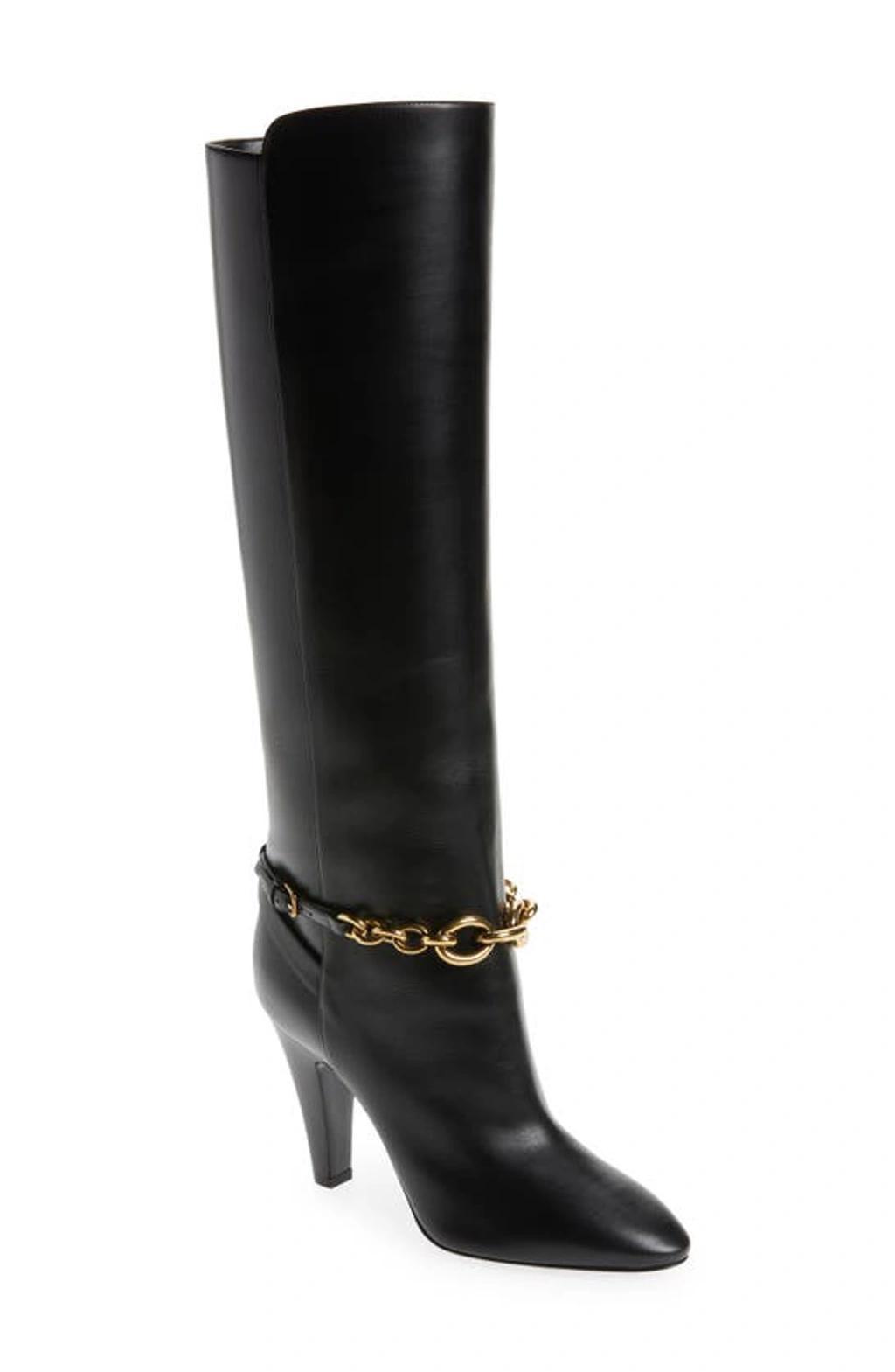 SAINT LAURENT Le Maillon Chain-embellished Leather Knee Boots In Nero product image