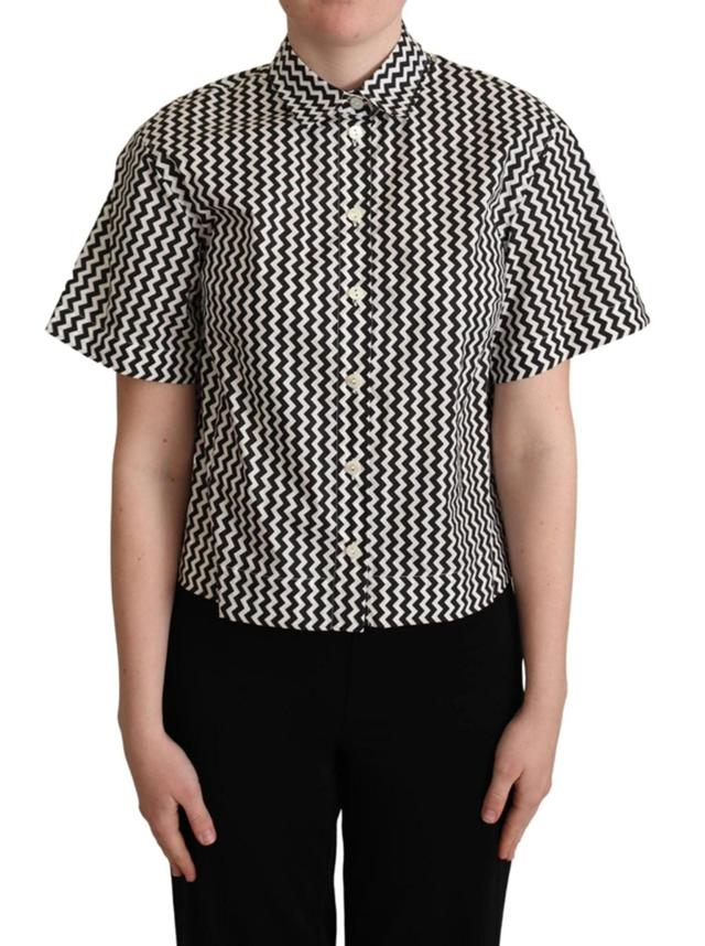 Black White Zigzag Collar Cotton Top Shirt Product Image