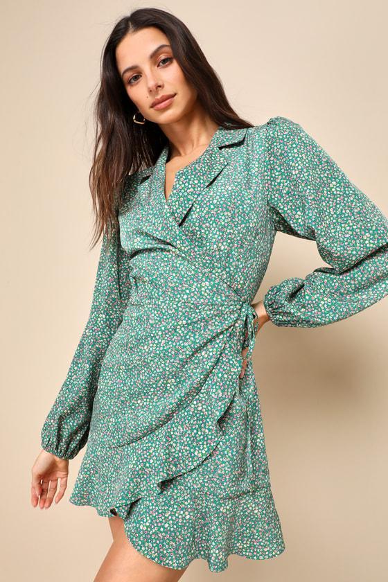 Totally Cute Time Green Floral Collared Wrap Mini Dress Product Image