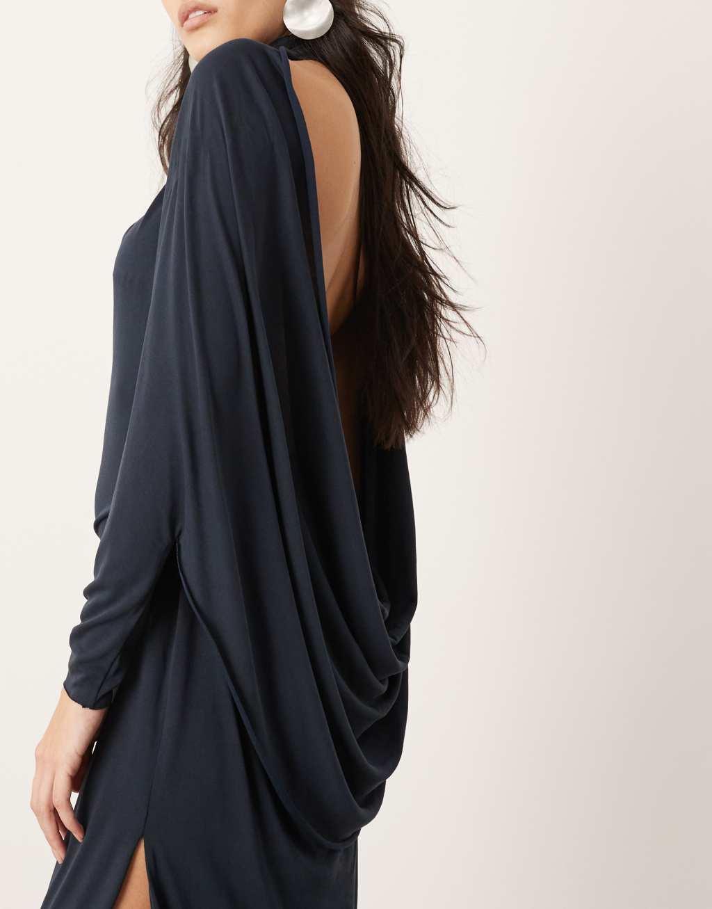 ASOS EDITION premium cowl back high neck maxi dress in dark blue Product Image