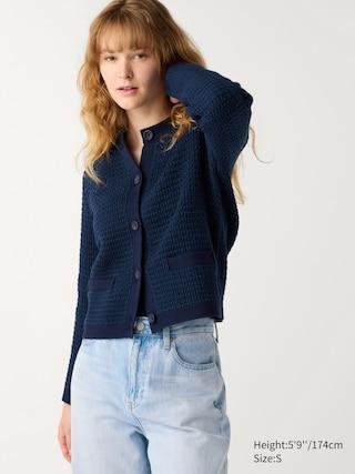 Womens Knitted Short Jacket Striped Blue 2XL UNIQLO US Product Image