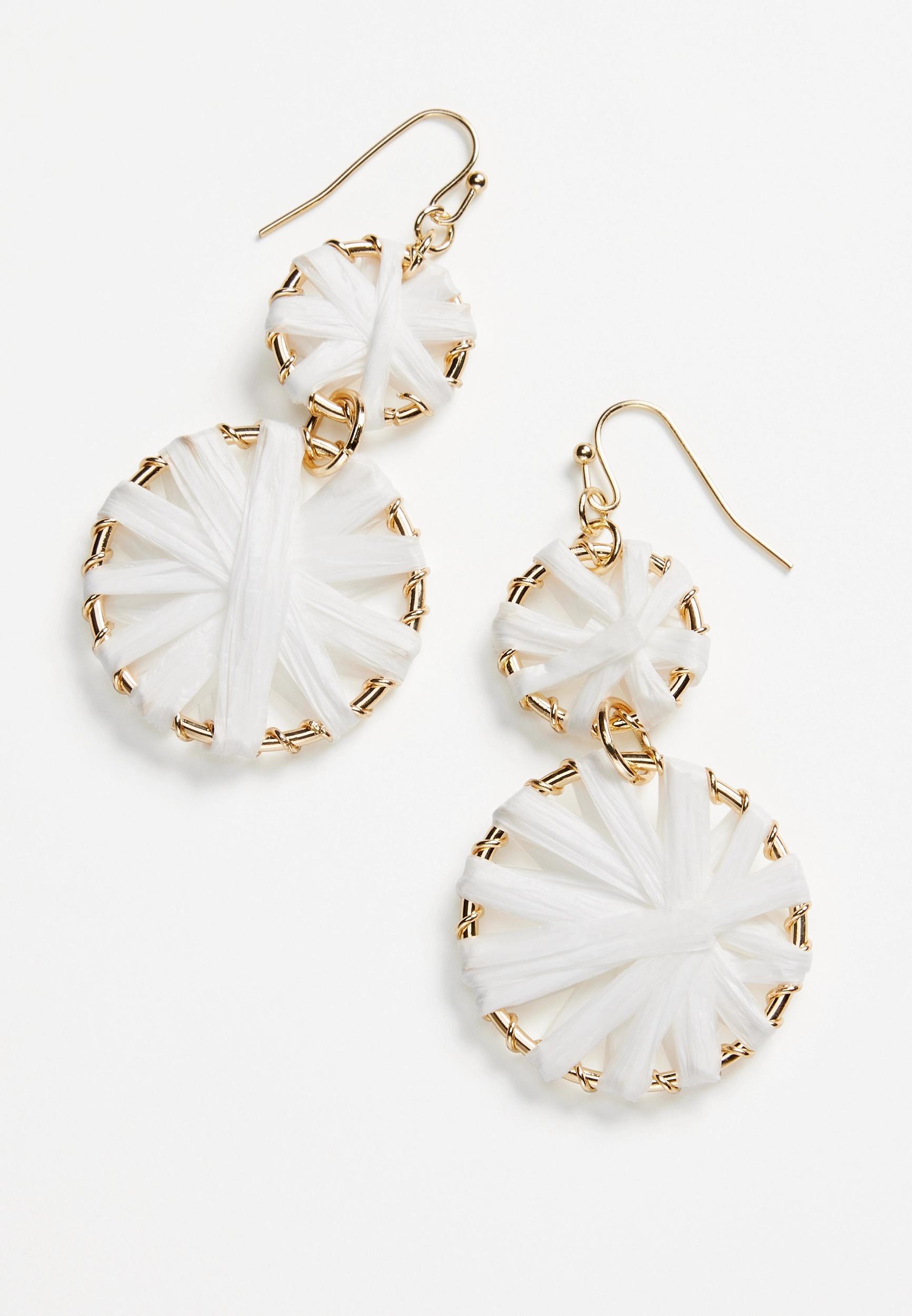 White Raffia Wrapped Double Drop Earrings Product Image