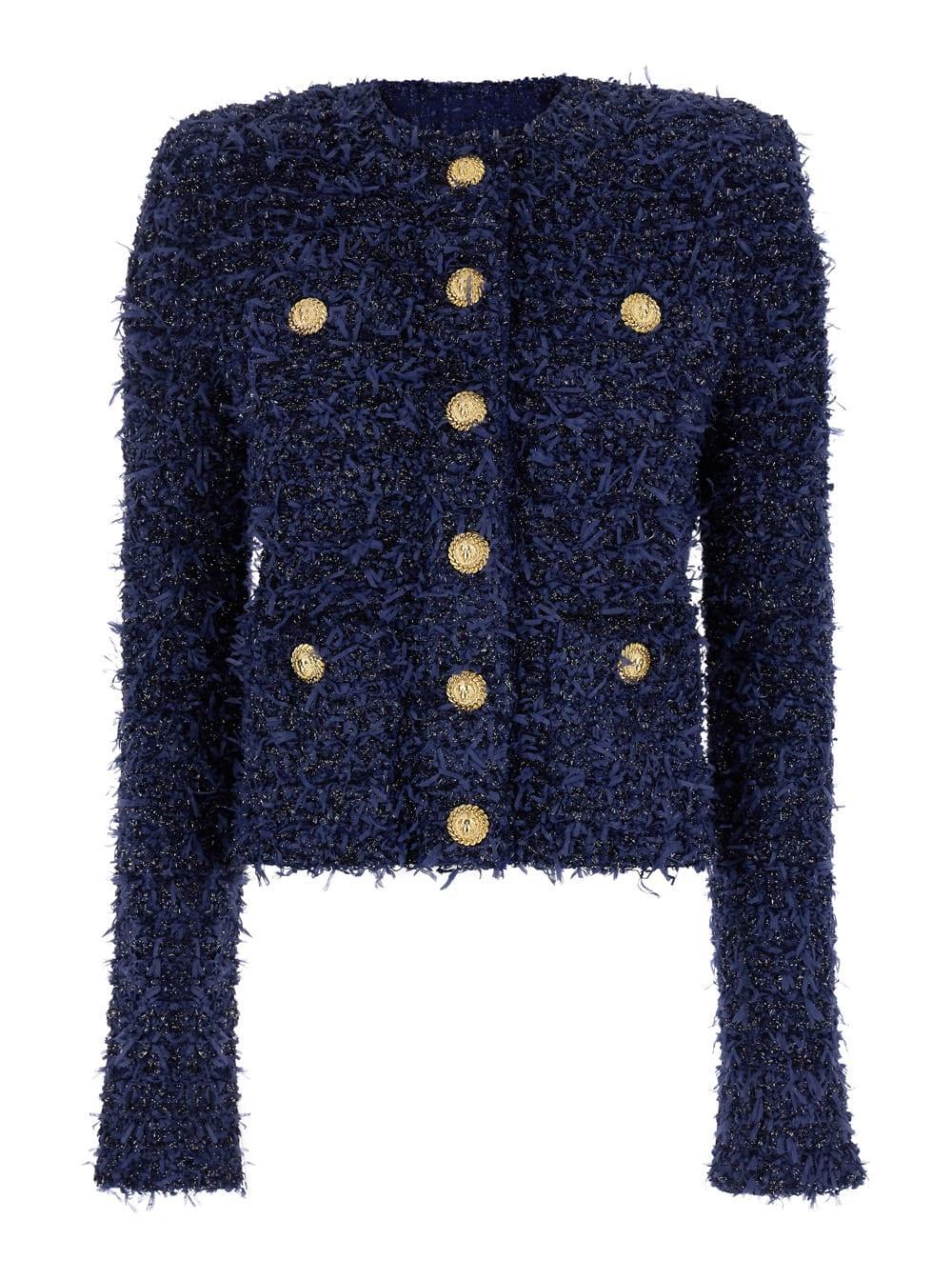 BALMAIN Buttoned Tweed Jacket In Blue Product Image