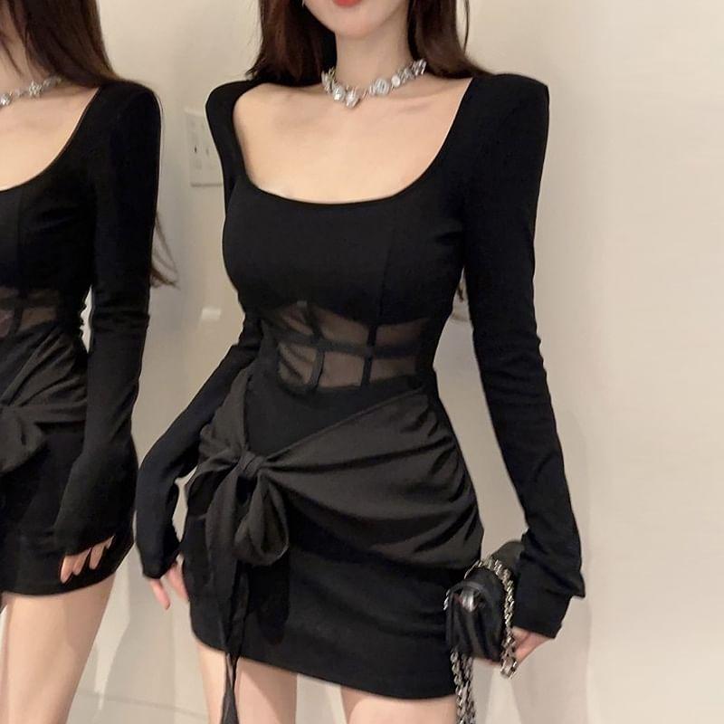 Long Sleeve Scoop Neck Plain Tie Waist Panel Mesh Mini Sheath Dress Product Image