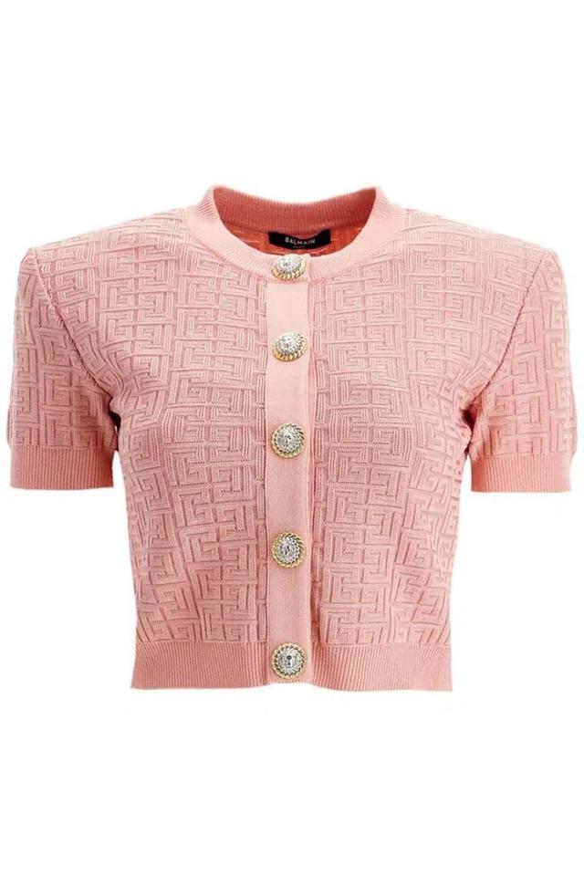 BALMAIN Short Sleeve Monogram Cardigan In Pink Product Image