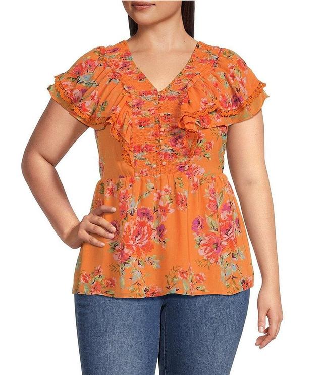 Jessica Simpson Plus Size Nori Smocked Ruffle V-Neck Short Sleeve Half Button-Front Top Product Image