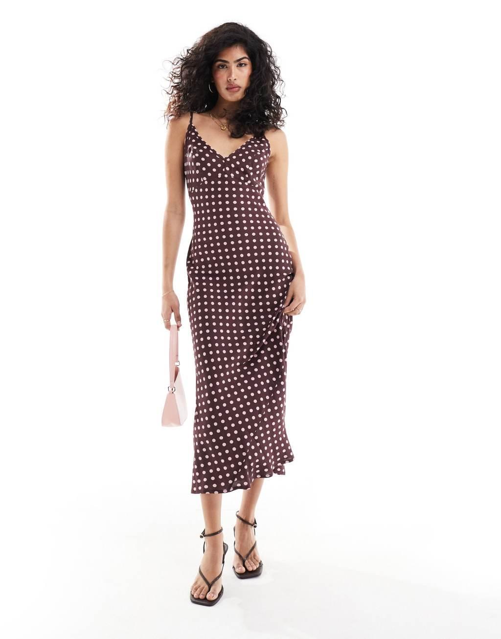 ASOS DESIGN high apex spun midi dress in brown and pink spot Product Image