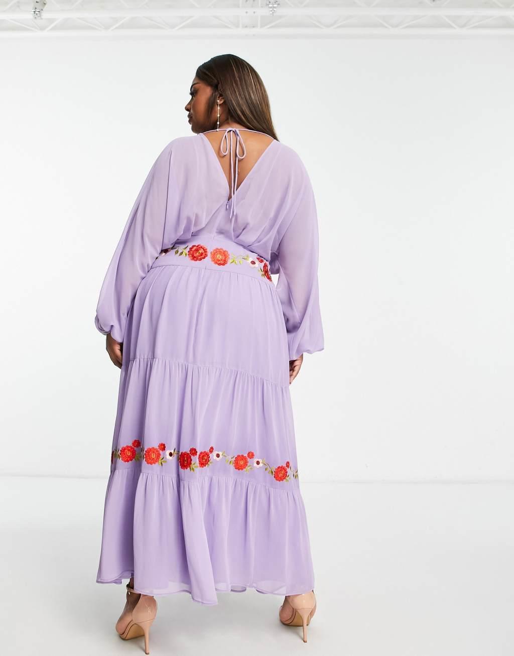 ASOS DESIGN Curve v neck batwing chiffon maxi dress with embroidery detail in lilac Product Image