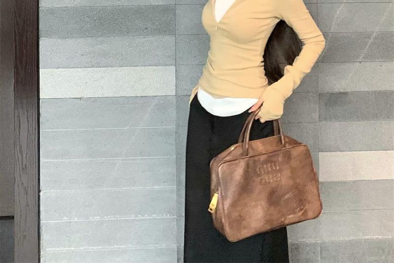 Long-Sleeve V-Neck Plain T-Shirt / Crew Neck Tank Top / High Waist Maxi H-Line Skirt Product Image