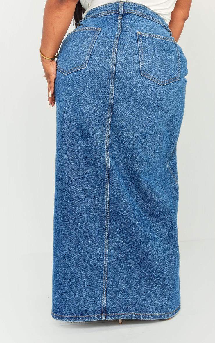 Plus Dark Blue Wash Split Front Denim Maxi Skirt Product Image