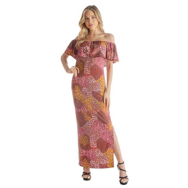 Womens 24Seven Comfort Apparel Off-The-Shoulder Print Maxi Side Slit Dress Pink Team Product Image