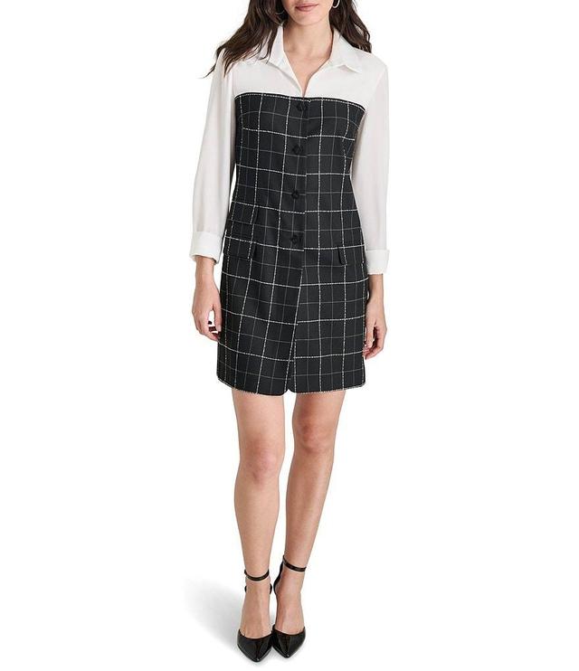 DKNY by Donna Karan Woven Sheath Collar Neck Long Sleeve Button Down Front And Cuffs Windowpane White Shirt Combo Dress Product Image