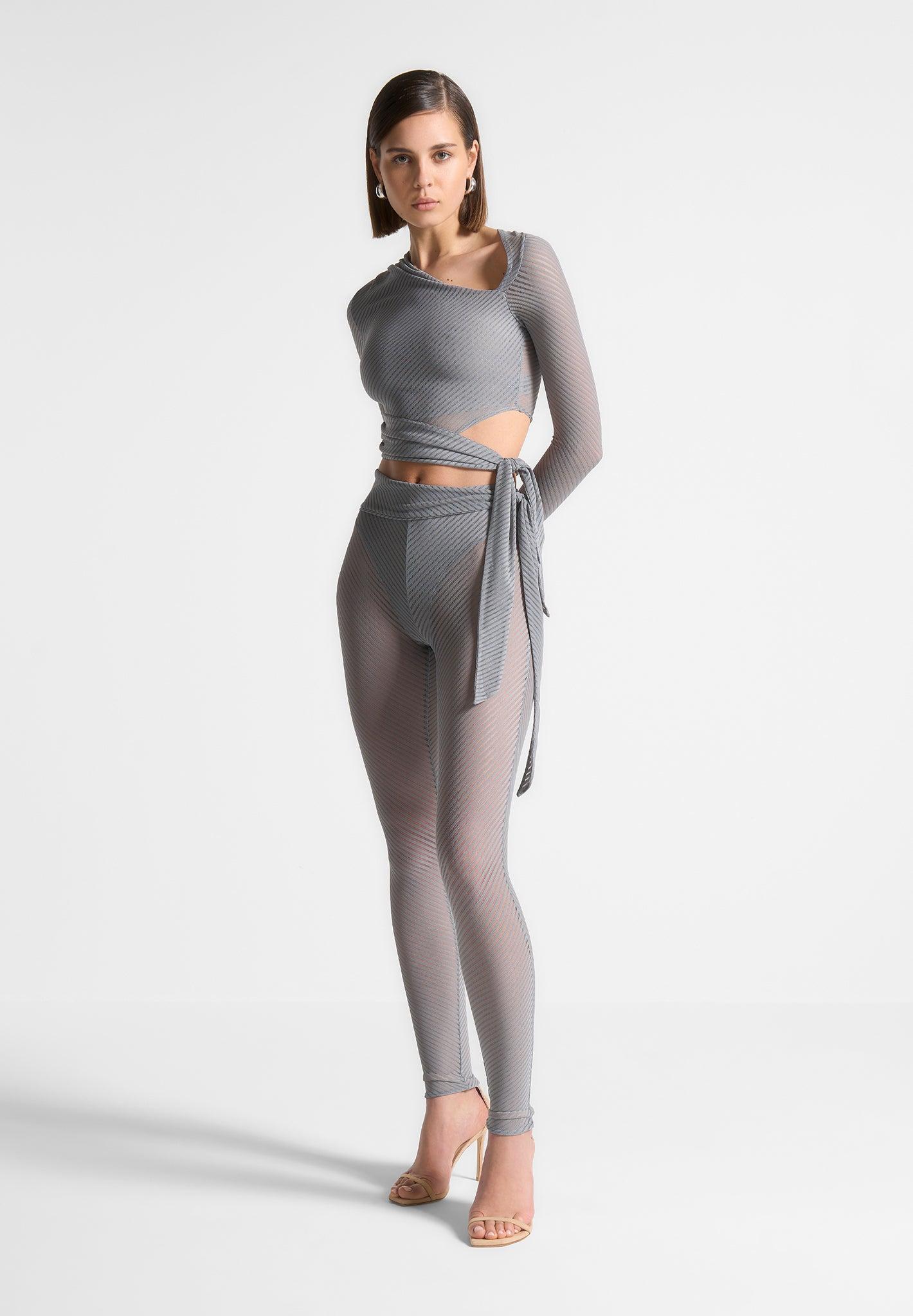 Ribbed Sheer Leggings with Tie - Grey Female Product Image