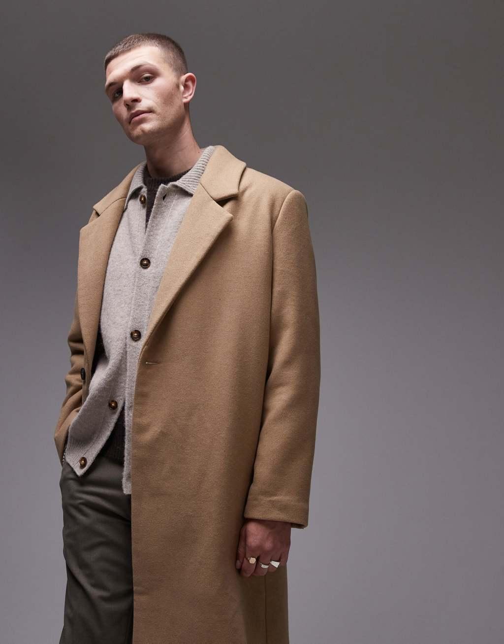 Topman single breasted overcoat in camel Product Image