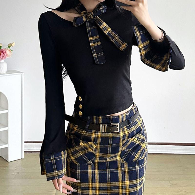 Long-Sleeve Plain Knit Top / High Rise Plaid Pencil Skirt Product Image