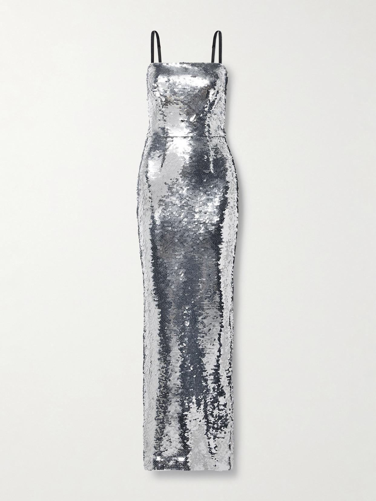 Long Sequin-embellished Column Dress In Silver Product Image