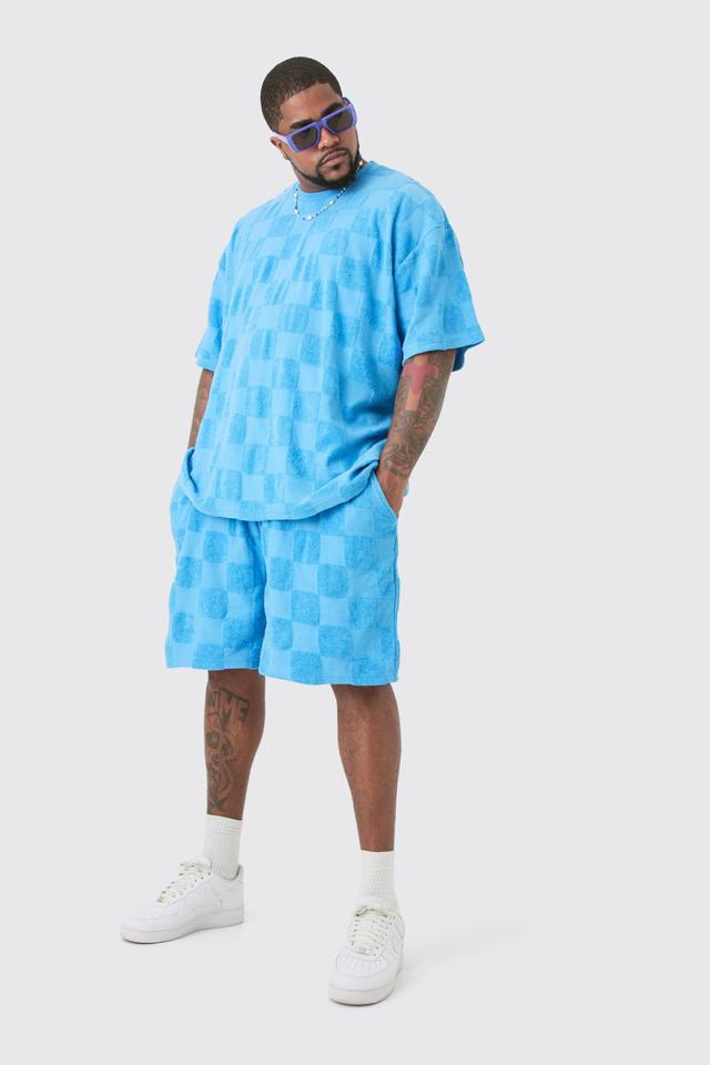 Plus Embossed Checkered Towelling T-shirt & Short Set Blue | boohooMAN USA Product Image