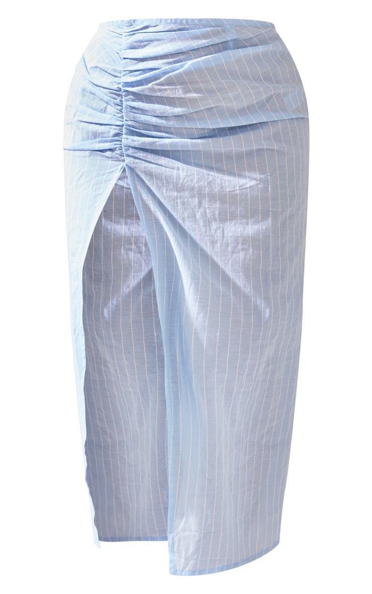 Blue Cotton Pinstripe Ruched Thigh Midi Skirt Product Image