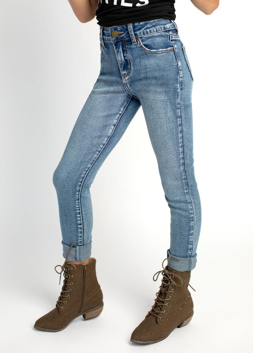 Avery Dark Distressed Skinnies in Indigo Product Image