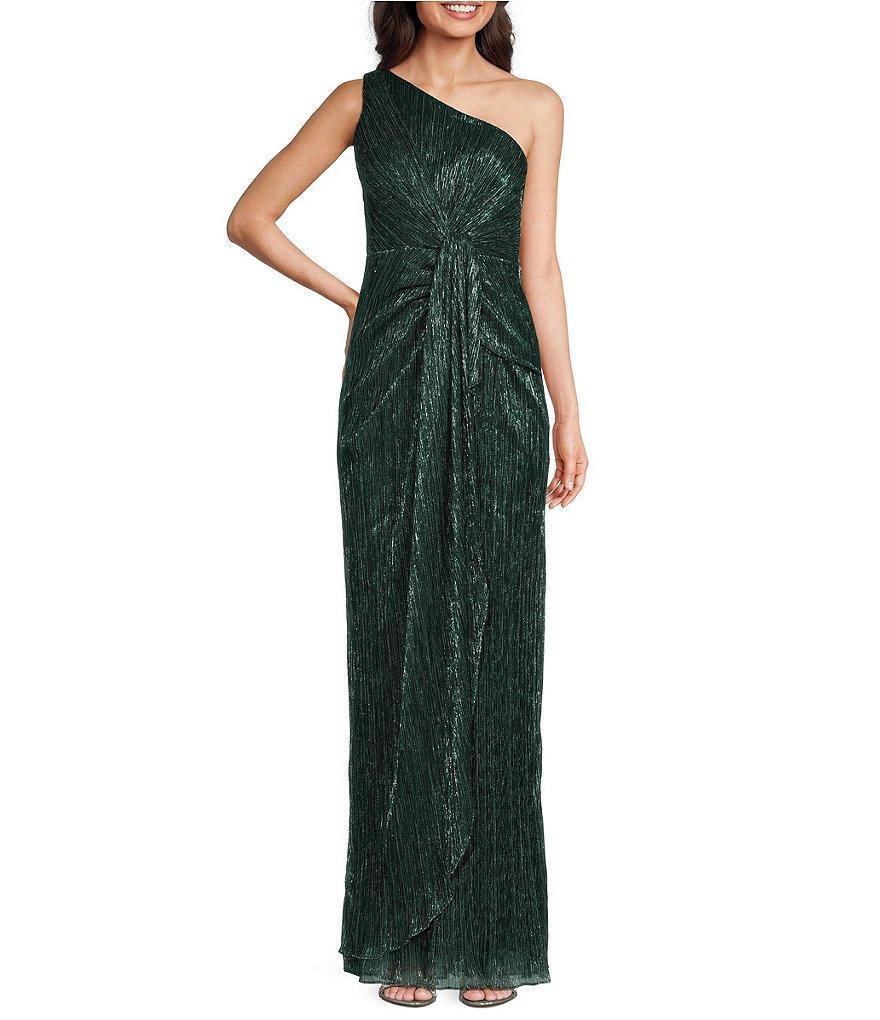 Adrianna Papell One Shoulder Metallic Knit Sleeveless Front Ruched Gown Product Image