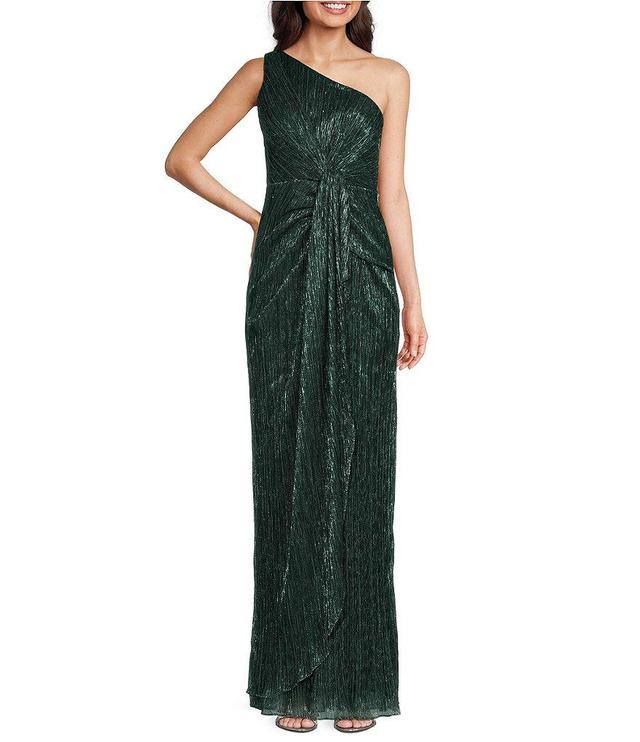 Adrianna Papell One Shoulder Metallic Knit Sleeveless Front Ruched Gown Product Image