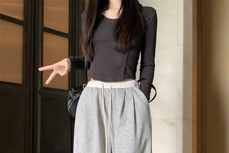 Drawstring Waist Plain Wide Leg Pants Product Image