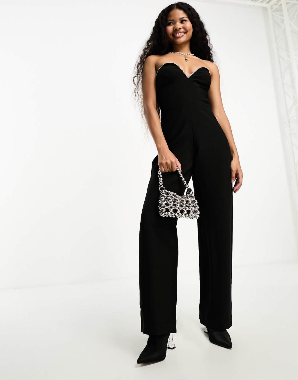 4th & Reckless Petite exclusive diamante trim sweetheart neckline flared jumpsuit Product Image