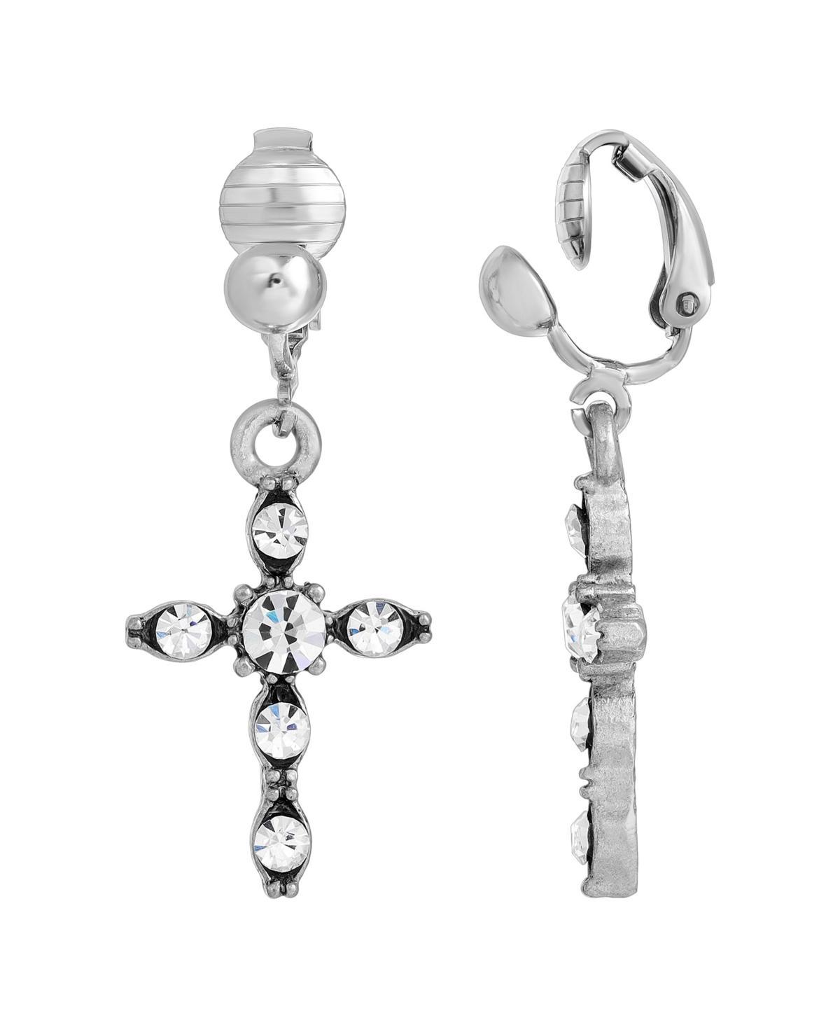 Symbols of Faith Crystal Cross Clip Earrings, Womens, Silver Product Image